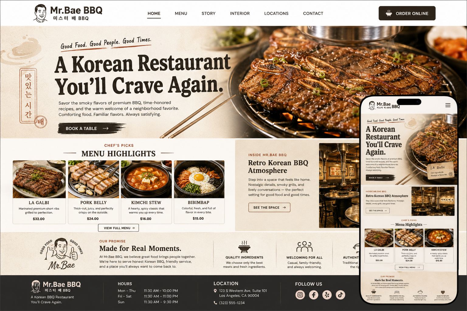 Mr.Bae BBQ desktop and mobile website preview